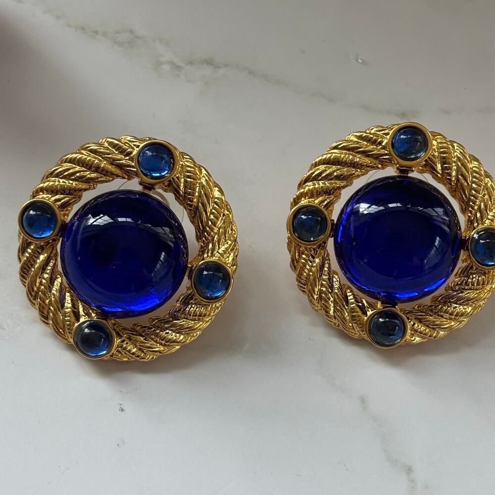 PARK LANE Vintage 1980-1990 Blue Cabochons & Gold Button Earrings